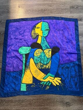 Vibrant Picasso-Inspired Art Silk Scarf in Purple, Blue, Yellow, Green